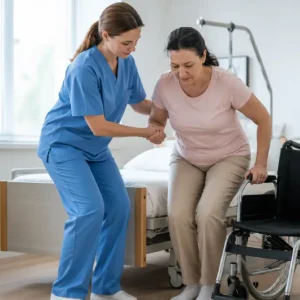 Professionnelle accompagnant une personne à mobilité réduite lors d’une formation PRAP 2S