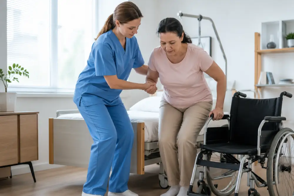 Professionnelle accompagnant une personne à mobilité réduite lors d’une formation PRAP 2S