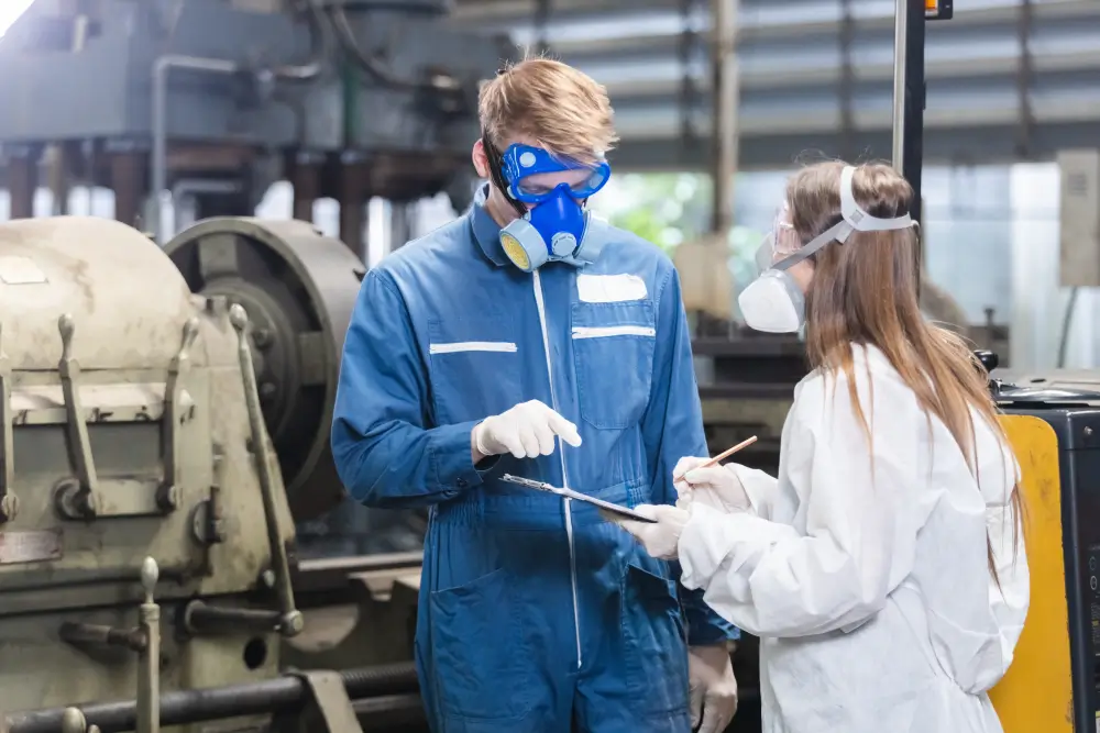 Salarié apprenant à identifier les dangers des produits chimiques lors d’une formation au risque chimique